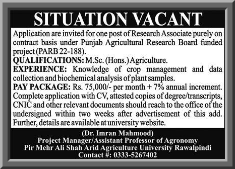 Pir Mehr Ali Shah Arid Agriculture University Jobs 2023