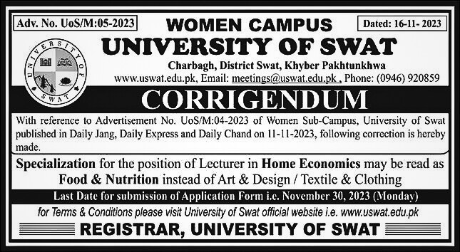 University of Swat Education Jobs